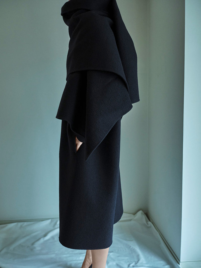 COAT DOUBLE WOOL WITH SCARF - BLACK
